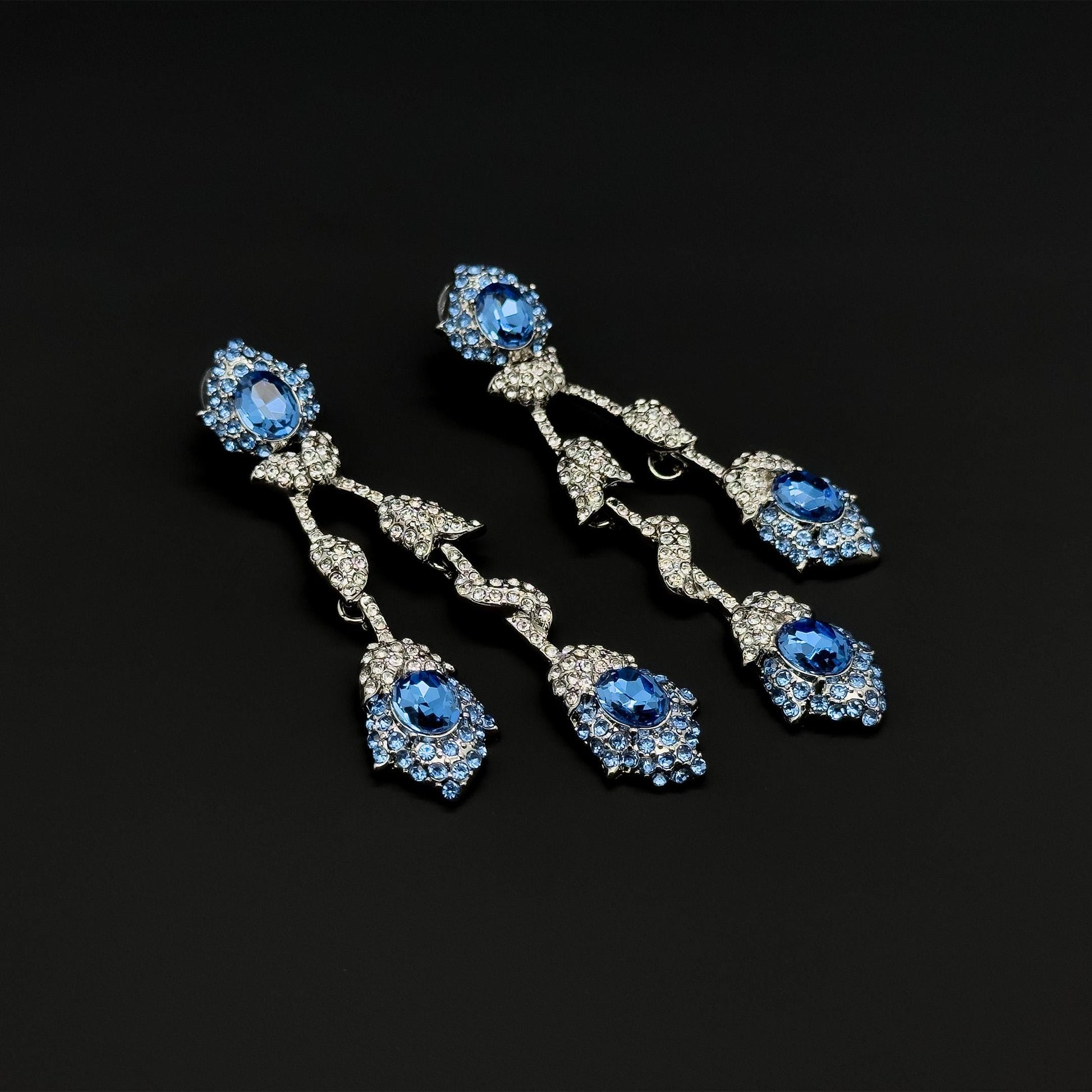 Vintage Teal Blue Flower Drop Earrings, Glass Rhinestone Titanium Hooks