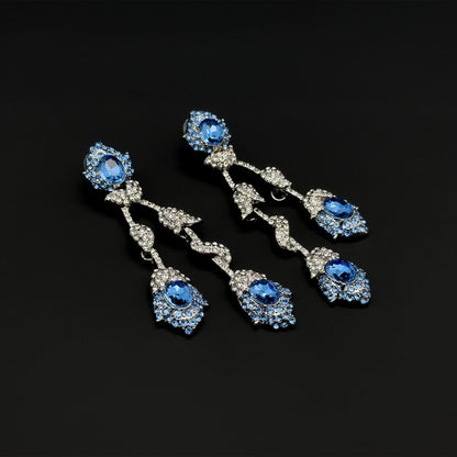 Vintage Teal Blue Flower Drop Earrings, Glass Rhinestone Titanium Hooks