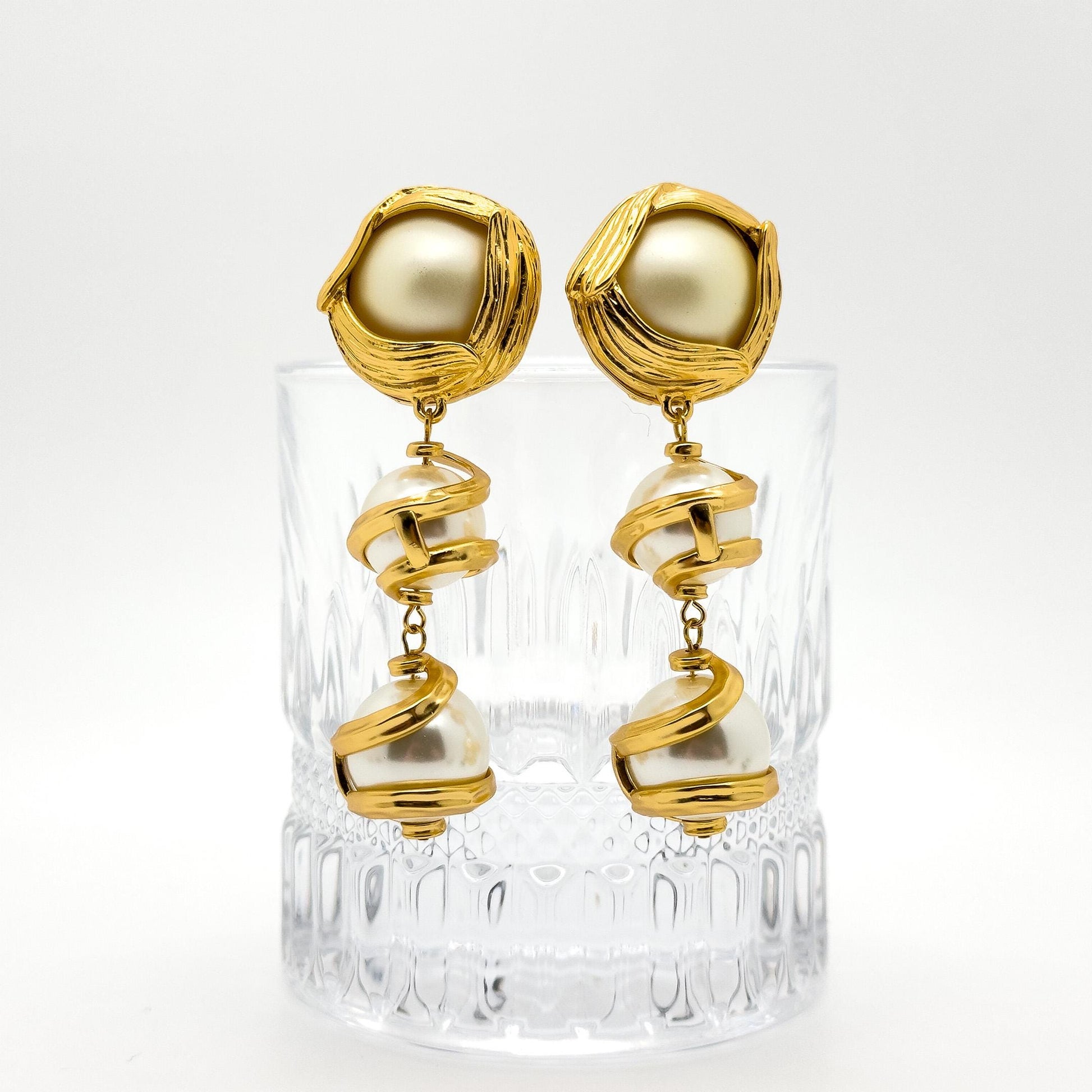 Baroque Pearl Drop Clip-On Earrings Gold-Plated Long Dangle Pair