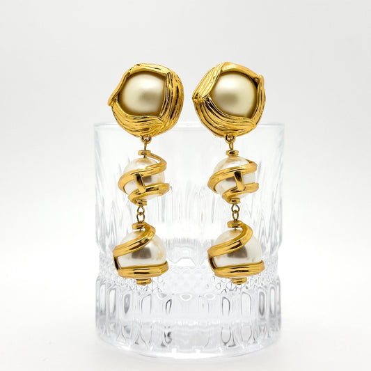 Baroque Pearl Drop Clip-On Earrings Gold-Plated Long Dangle Pair