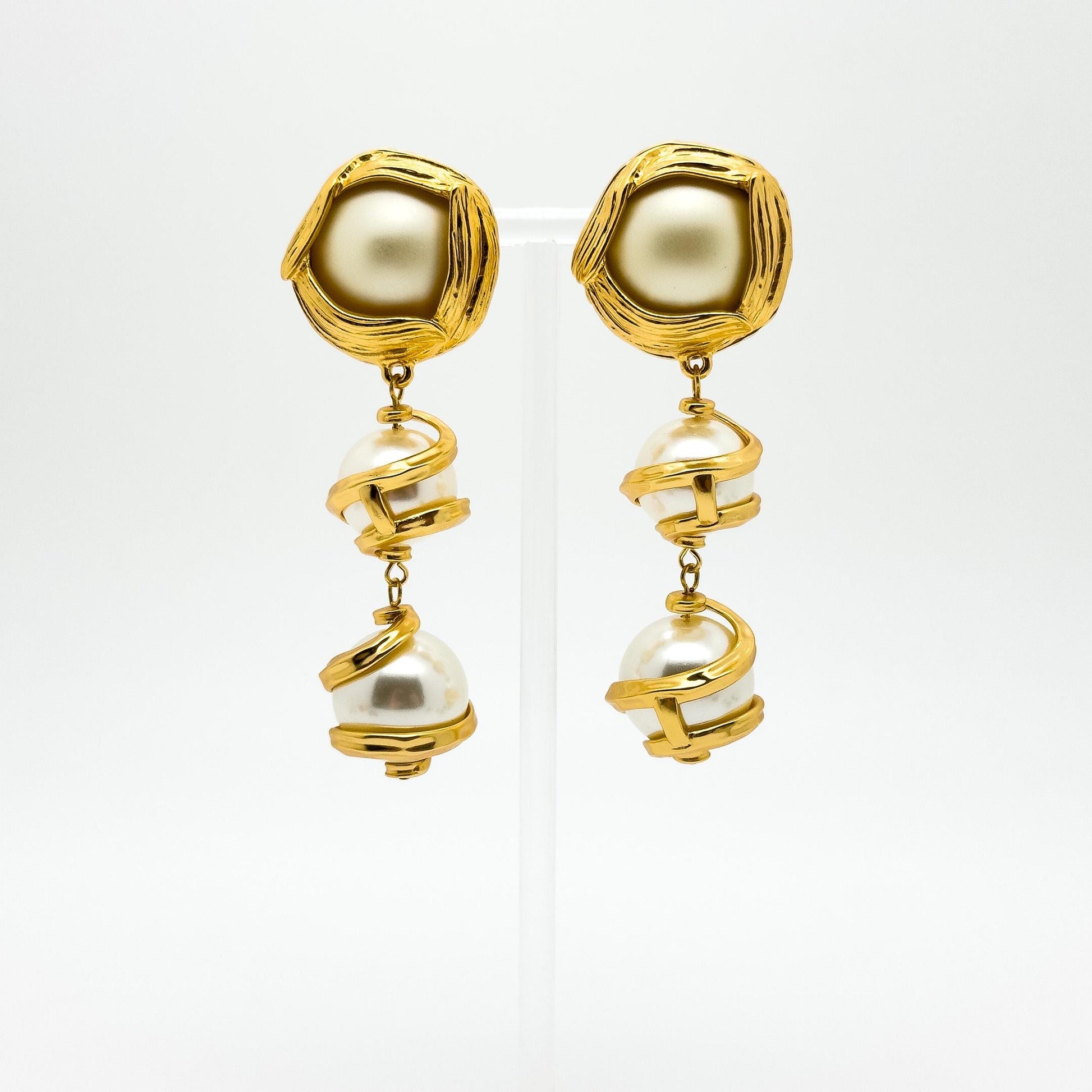 Baroque Pearl Drop Clip-On Earrings Gold-Plated Long Dangle Pair