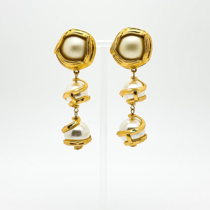 Baroque Pearl Drop Clip-On Earrings Gold-Plated Long Dangle Pair