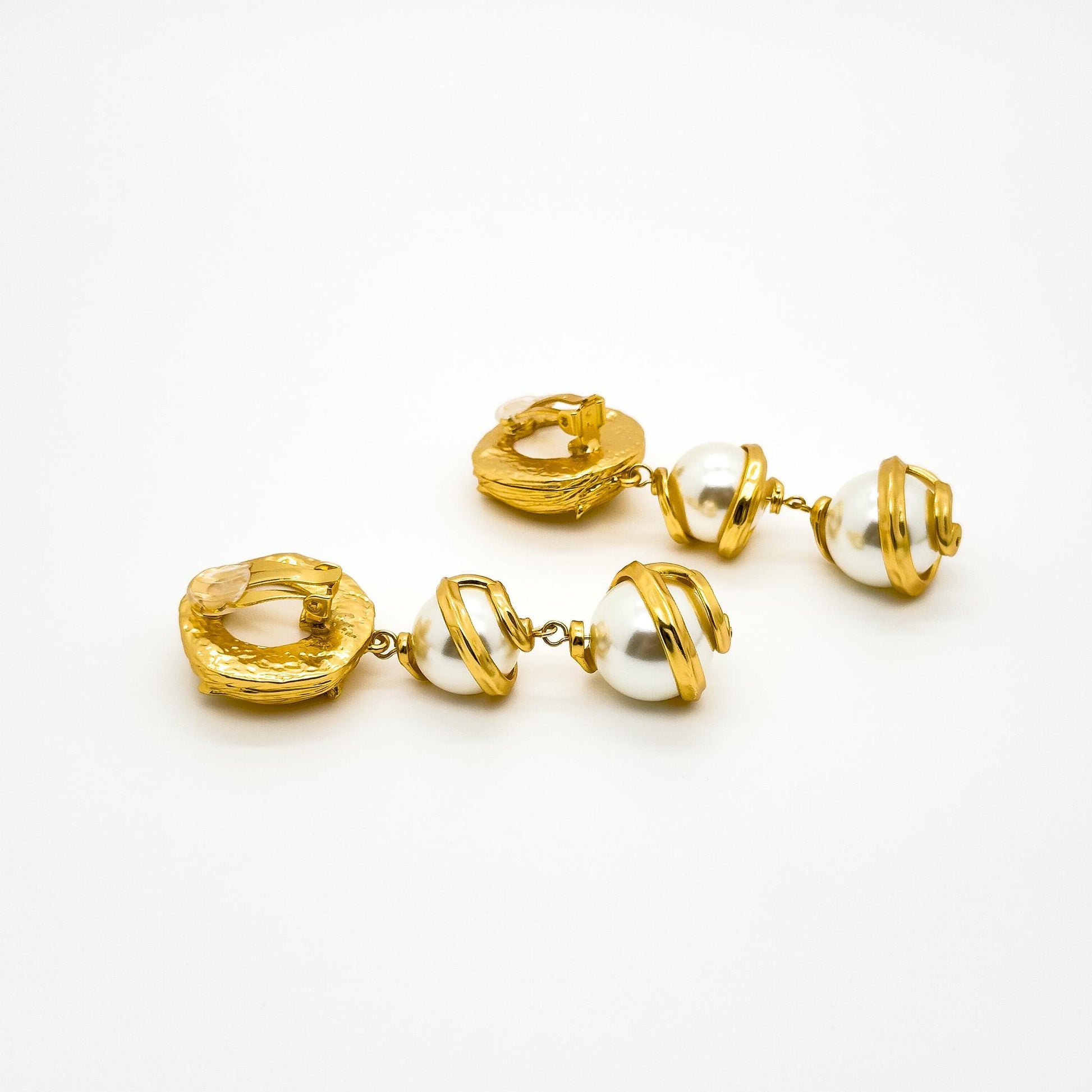 Baroque Pearl Drop Clip-On Earrings Gold-Plated Long Dangle Pair