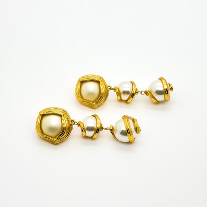 Baroque Pearl Drop Clip-On Earrings Gold-Plated Long Dangle Pair