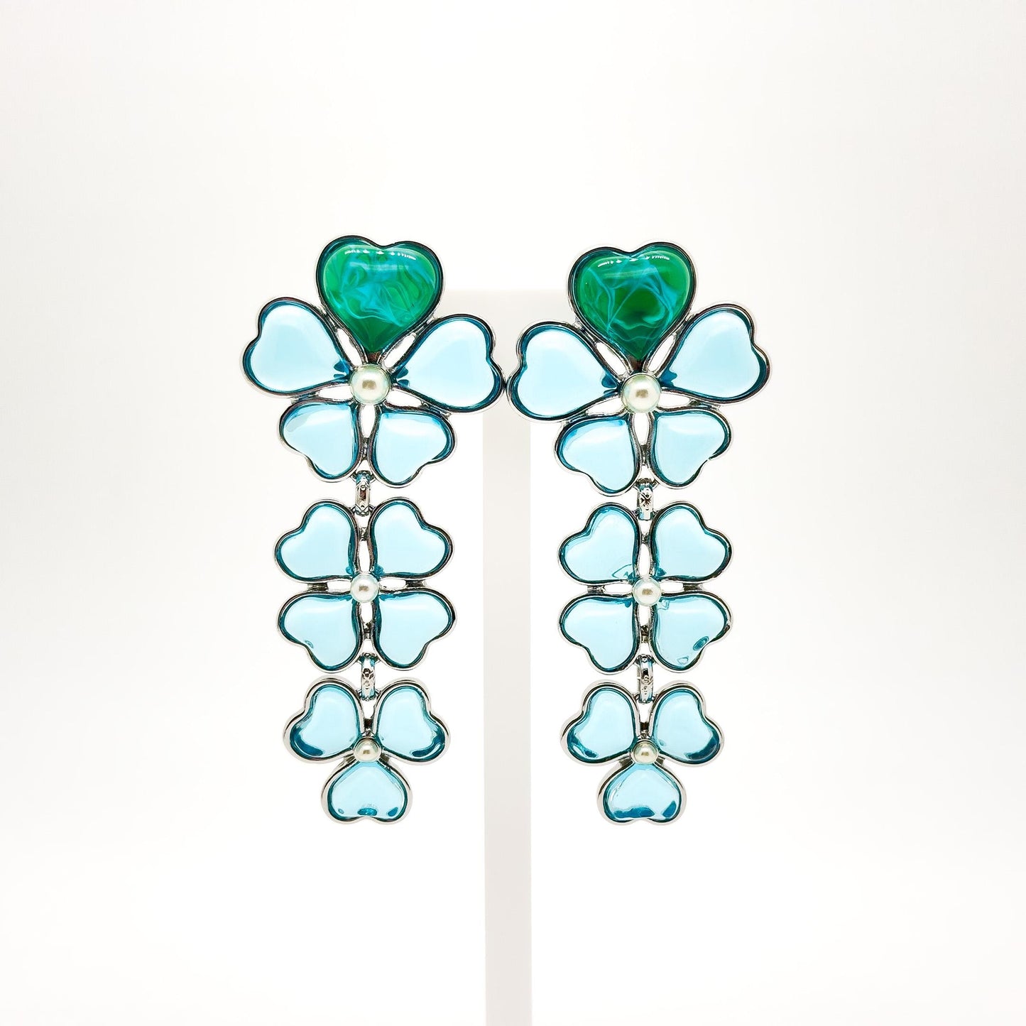 Sapphire Blue Four-Leaf Clover Long Earrings, Resin Pearl Dangles