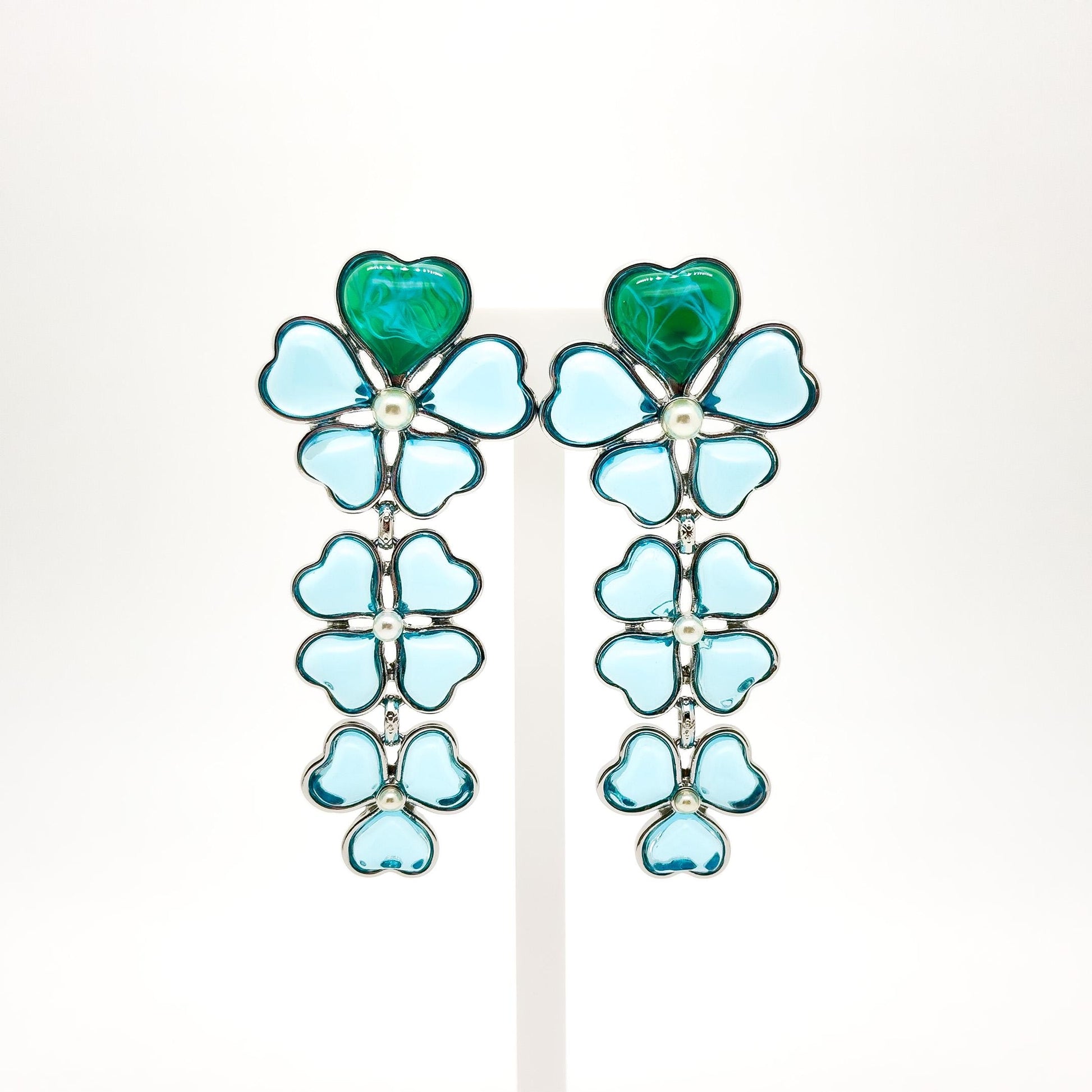 Sapphire Blue Four-Leaf Clover Long Earrings, Resin Pearl Dangles