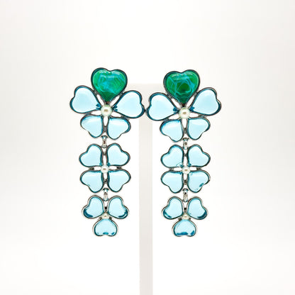Sapphire Blue Four-Leaf Clover Long Earrings, Resin Pearl Dangles