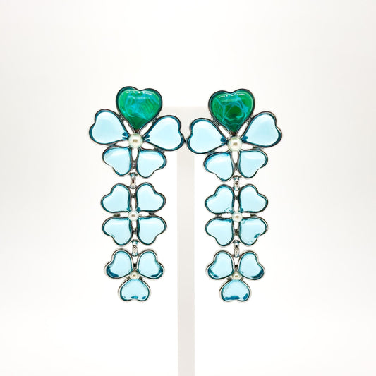 Sapphire Blue Four-Leaf Clover Long Earrings, Resin Pearl Dangles