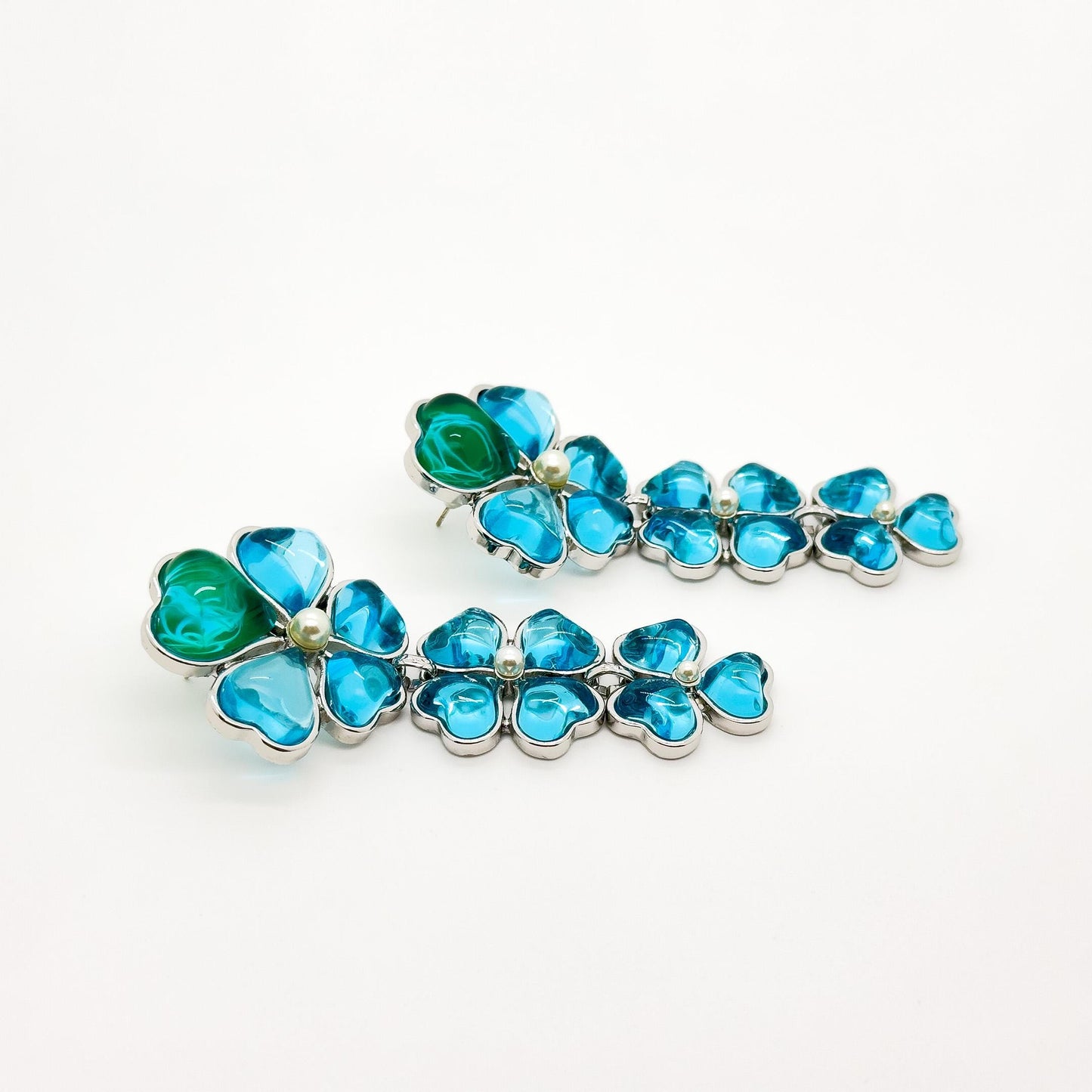 Sapphire Blue Four-Leaf Clover Long Earrings, Resin Pearl Dangles