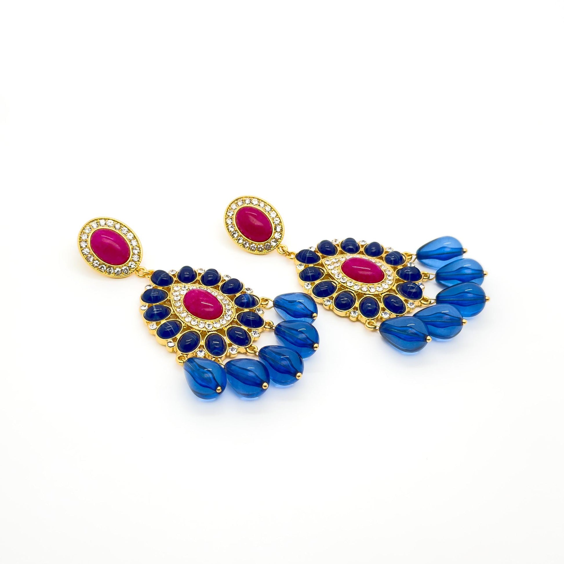 French Retro Teardrop Statement Earrings with Rhinestones and Glass