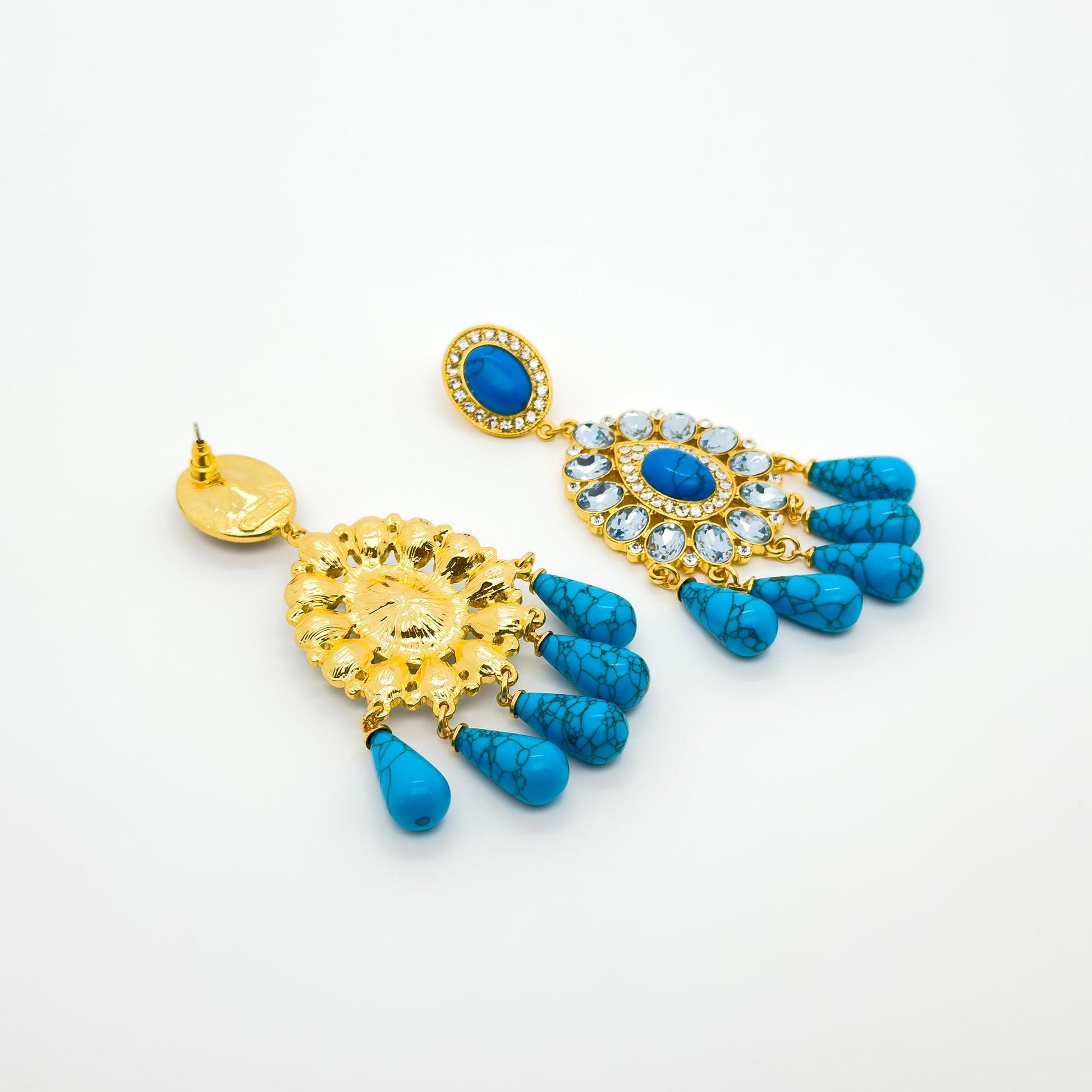 French Retro Teardrop Statement Earrings with Rhinestones and Glass