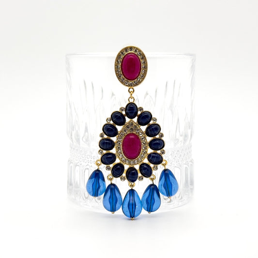 French Retro Teardrop Statement Earrings with Rhinestones and Glass