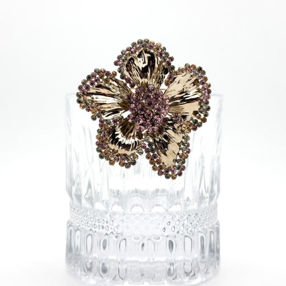 Vintage Glittering Flower Brooch Copper Glass Zircon Sparkle Bridal Party