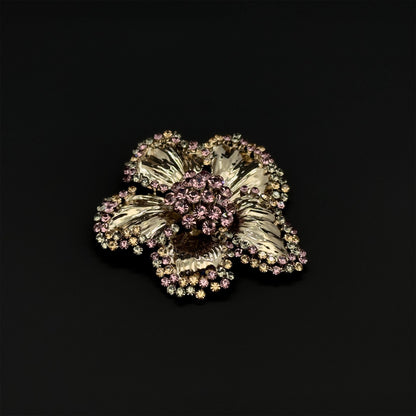Vintage Glittering Flower Brooch Copper Glass Zircon Sparkle Bridal Party