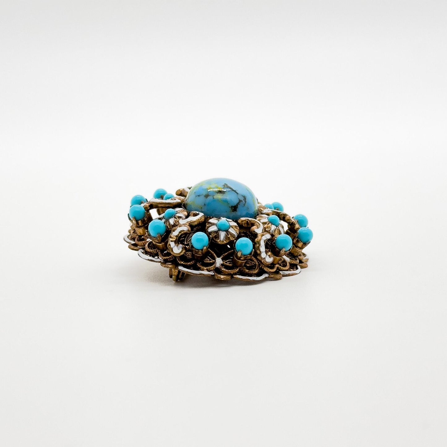 Vintage Art Deco Copper Stone Boho Floral Brooch 40mm