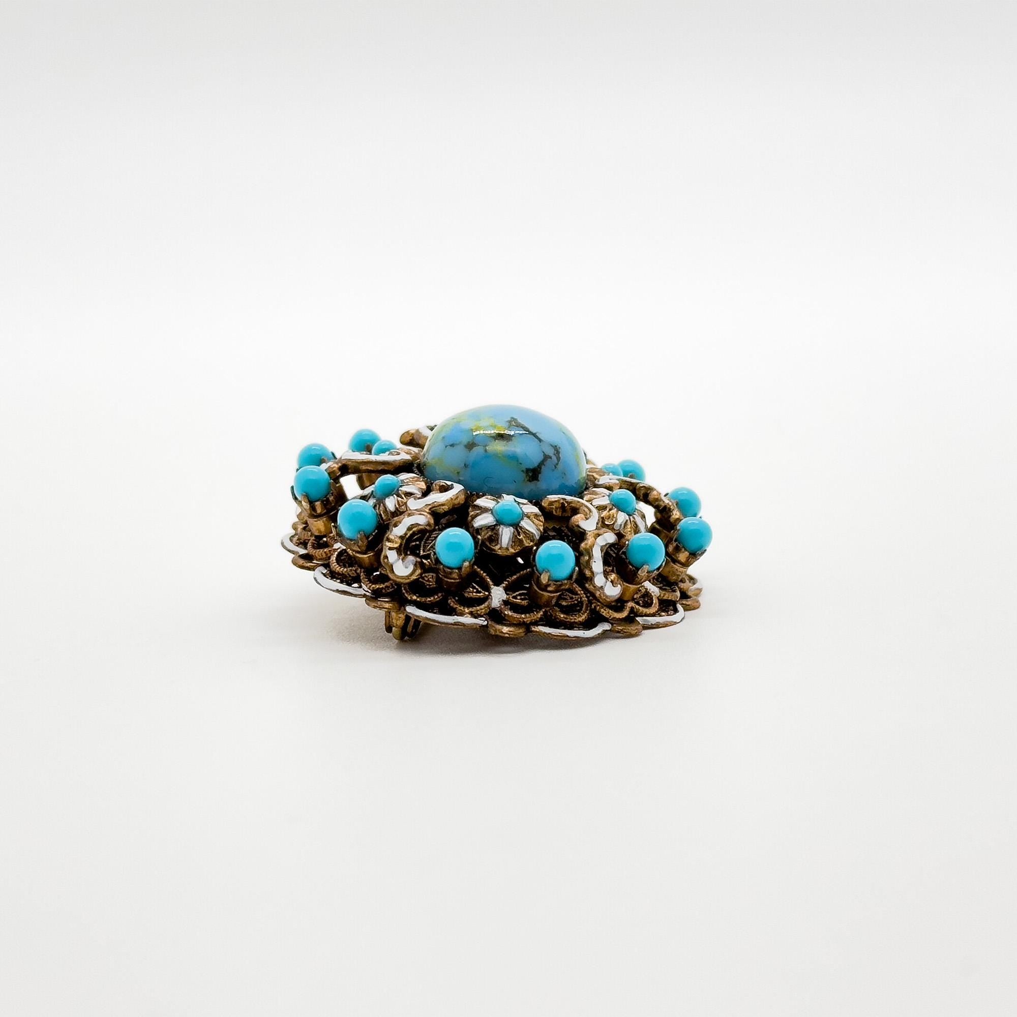 Vintage Art Deco Copper Stone Boho Floral Brooch 40mm