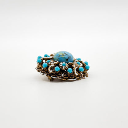 Vintage Art Deco Copper Stone Boho Floral Brooch 40mm