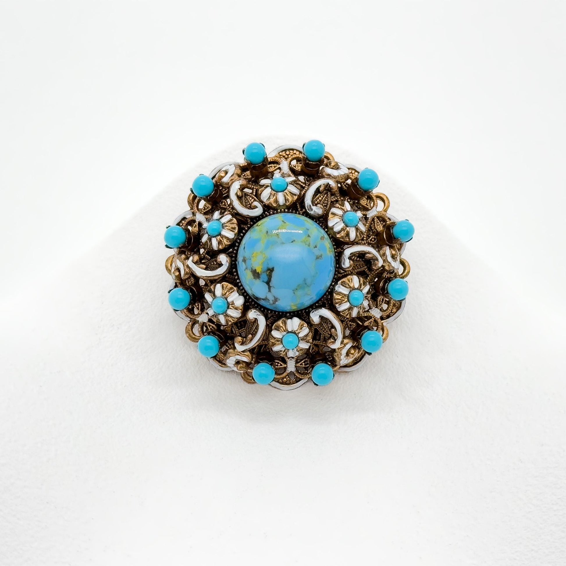 Vintage Art Deco Copper Stone Boho Floral Brooch 40mm