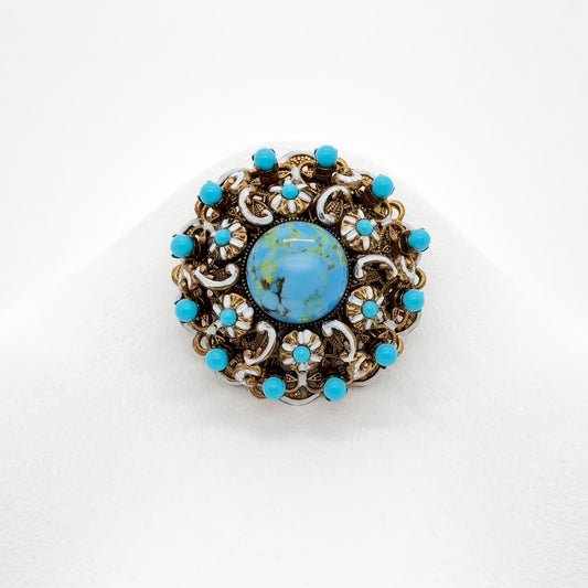 Vintage Art Deco Copper Stone Boho Floral Brooch 40mm