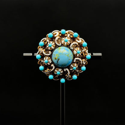 Vintage Art Deco Copper Stone Boho Floral Brooch 40mm