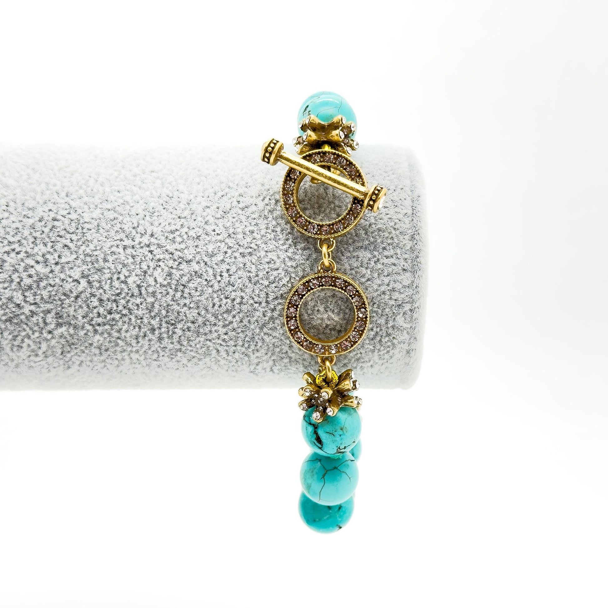 Vintage Art Deco Turquoise Rhinestone Copper Adjustable Bracelet Handmade Gift