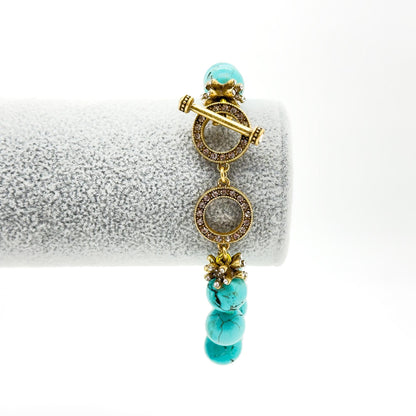 Vintage Art Deco Turquoise Rhinestone Copper Adjustable Bracelet Handmade Gift