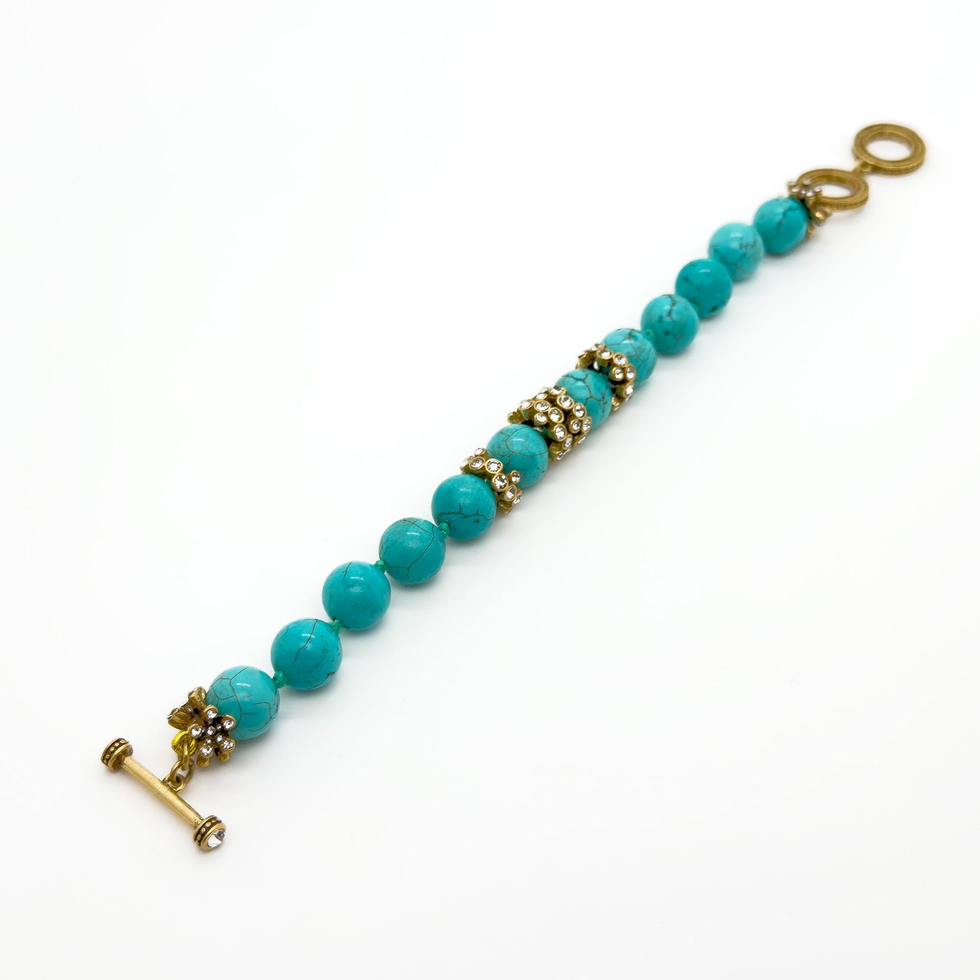 Vintage Art Deco Turquoise Rhinestone Copper Adjustable Bracelet Handmade Gift