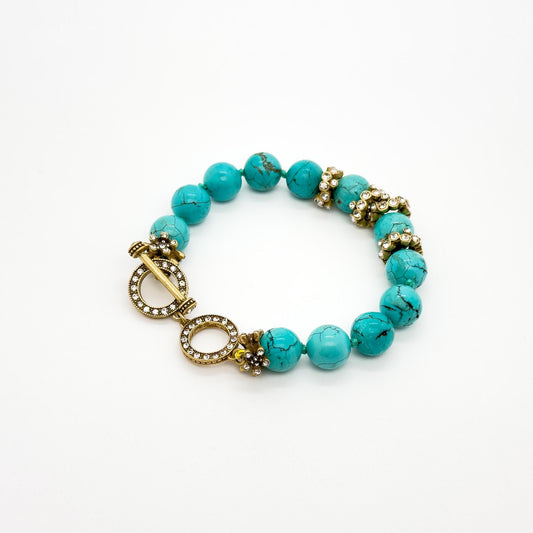 Vintage Art Deco Turquoise Rhinestone Copper Adjustable Bracelet Handmade Gift