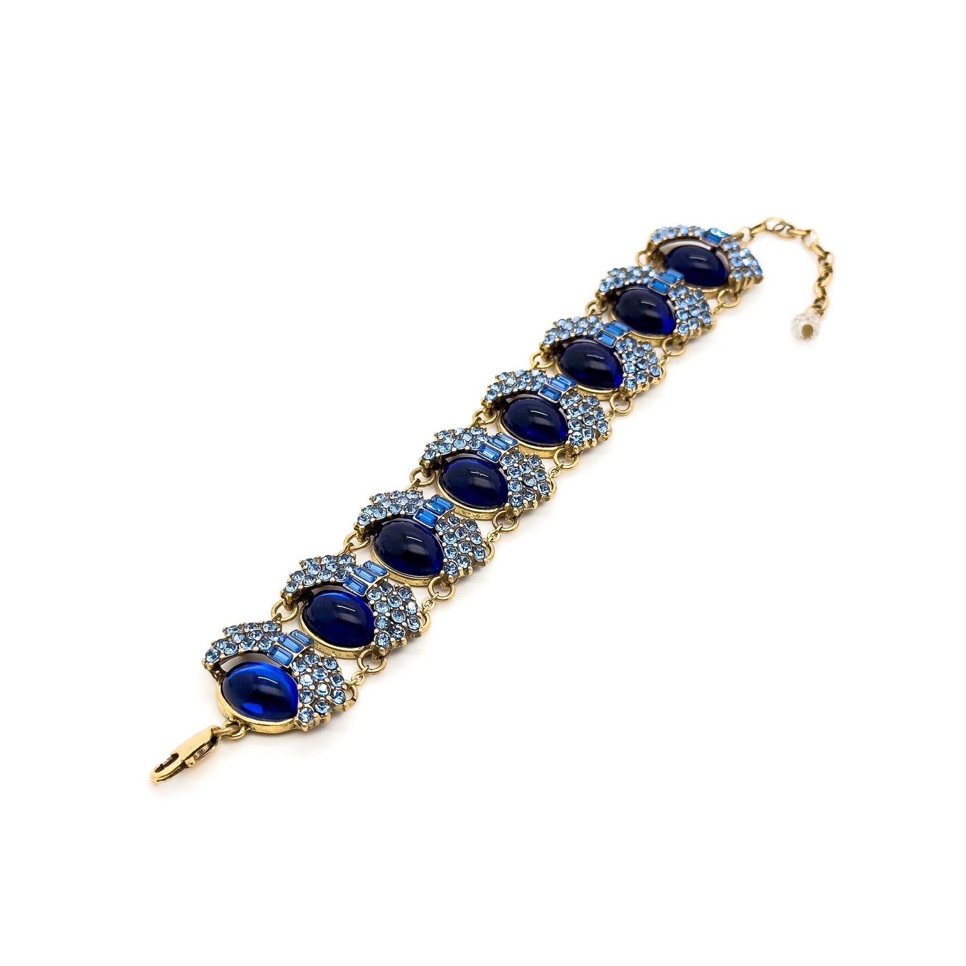Vintage Art Deco Blue Glass Wide Bracelet with Zircon