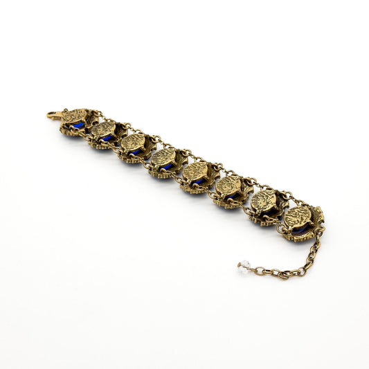 Vintage Art Deco Blue Glass Wide Bracelet with Zircon