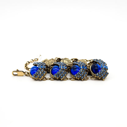 Vintage Art Deco Blue Glass Wide Bracelet with Zircon