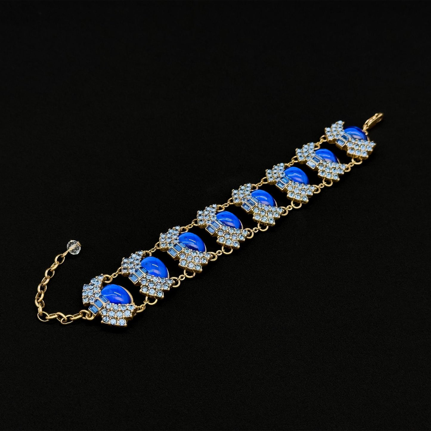 Vintage Art Deco Blue Glass Wide Bracelet with Zircon