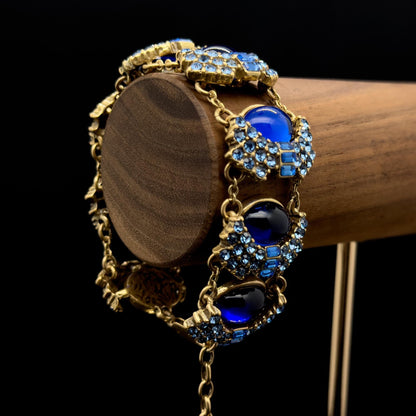Vintage Art Deco Blue Glass Wide Bracelet with Zircon