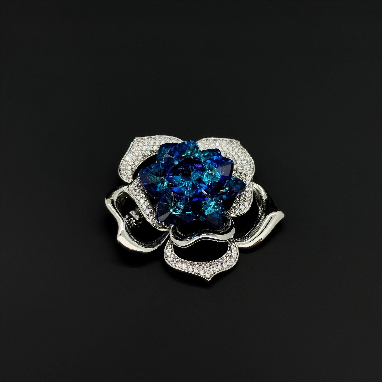 Minimalist Blue Rose Brooch with K9 Crystal, Copper Pin