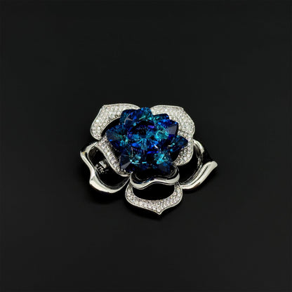 Minimalist Blue Rose Brooch with K9 Crystal, Copper Pin