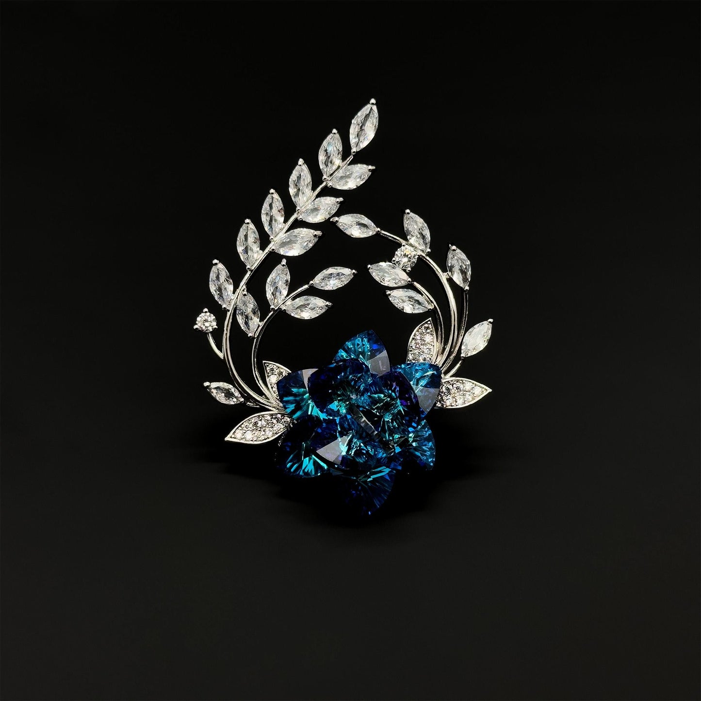 Minimalist Blue Rose Brooch with K9 Crystal, Copper Pin