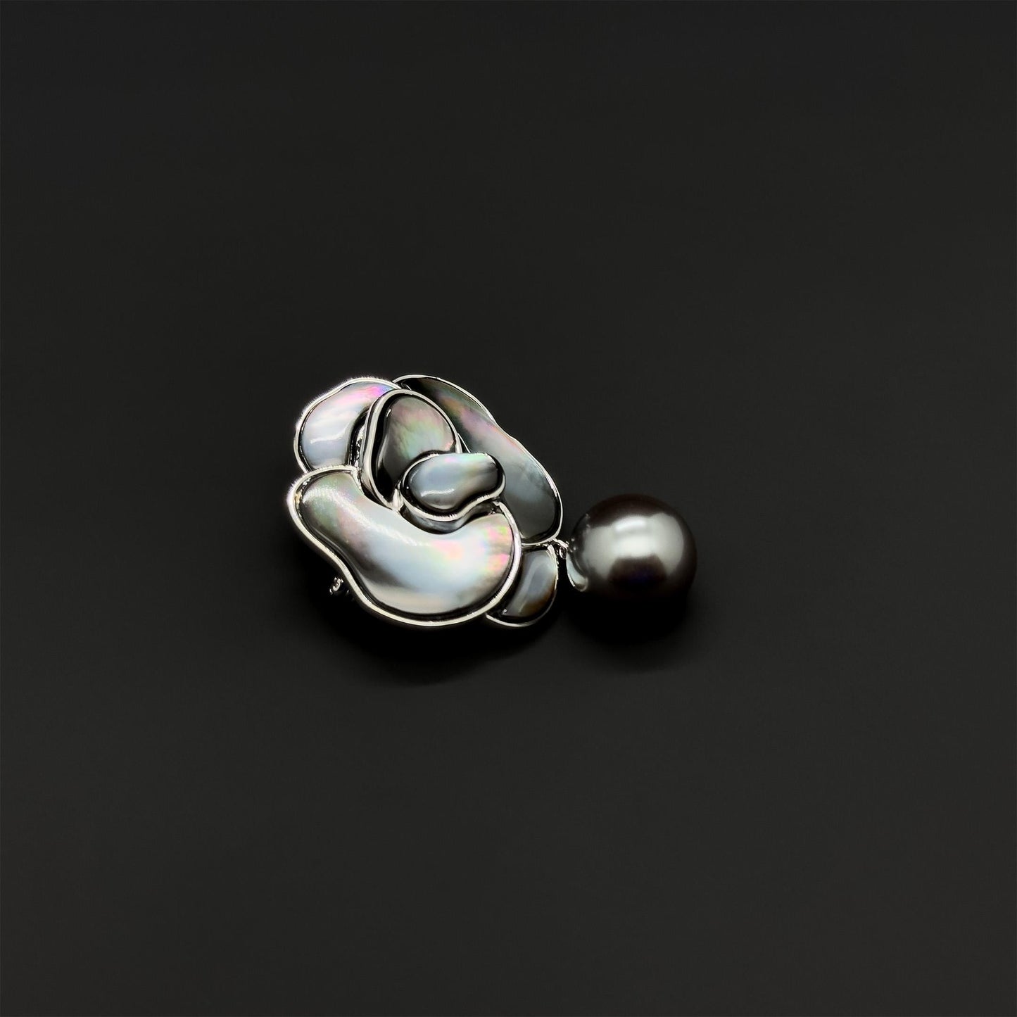 French Mother of Pearl Camellia Brooch with Freshwater Pearl Accent
