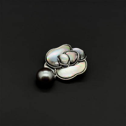 French Mother of Pearl Camellia Brooch with Freshwater Pearl Accent