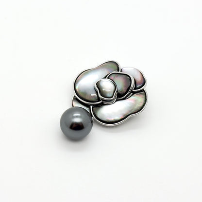French Mother of Pearl Camellia Brooch with Freshwater Pearl Accent