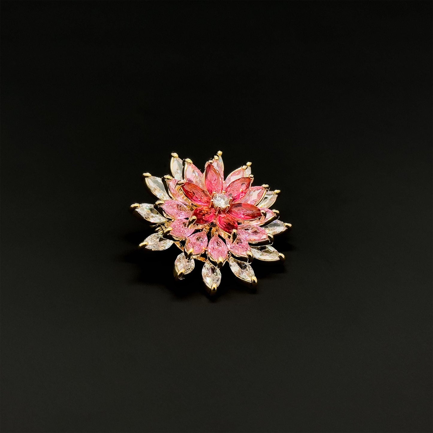 Pink Gradient Rotating Sunflower Brooch, Gold-Plated Zircon Pin