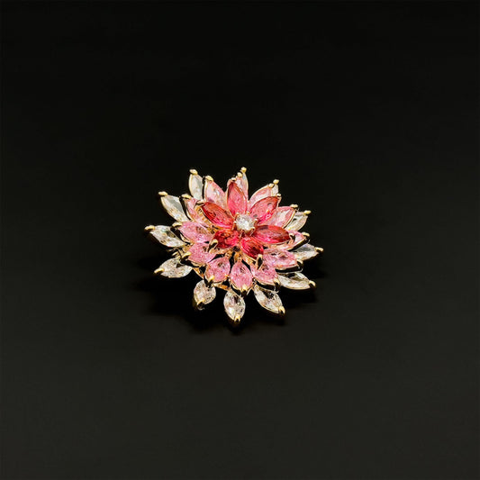 Pink Gradient Rotating Sunflower Brooch, Gold-Plated Zircon Pin