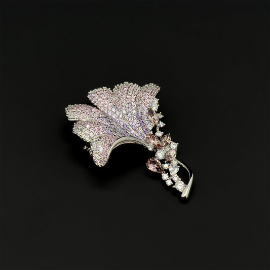 Luxury Ginkgo Leaf 3D Brooch with Zircon Copper Finish