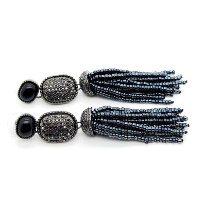 Handmade Art Deco Agate Dangle Earrings with Beaded Detail