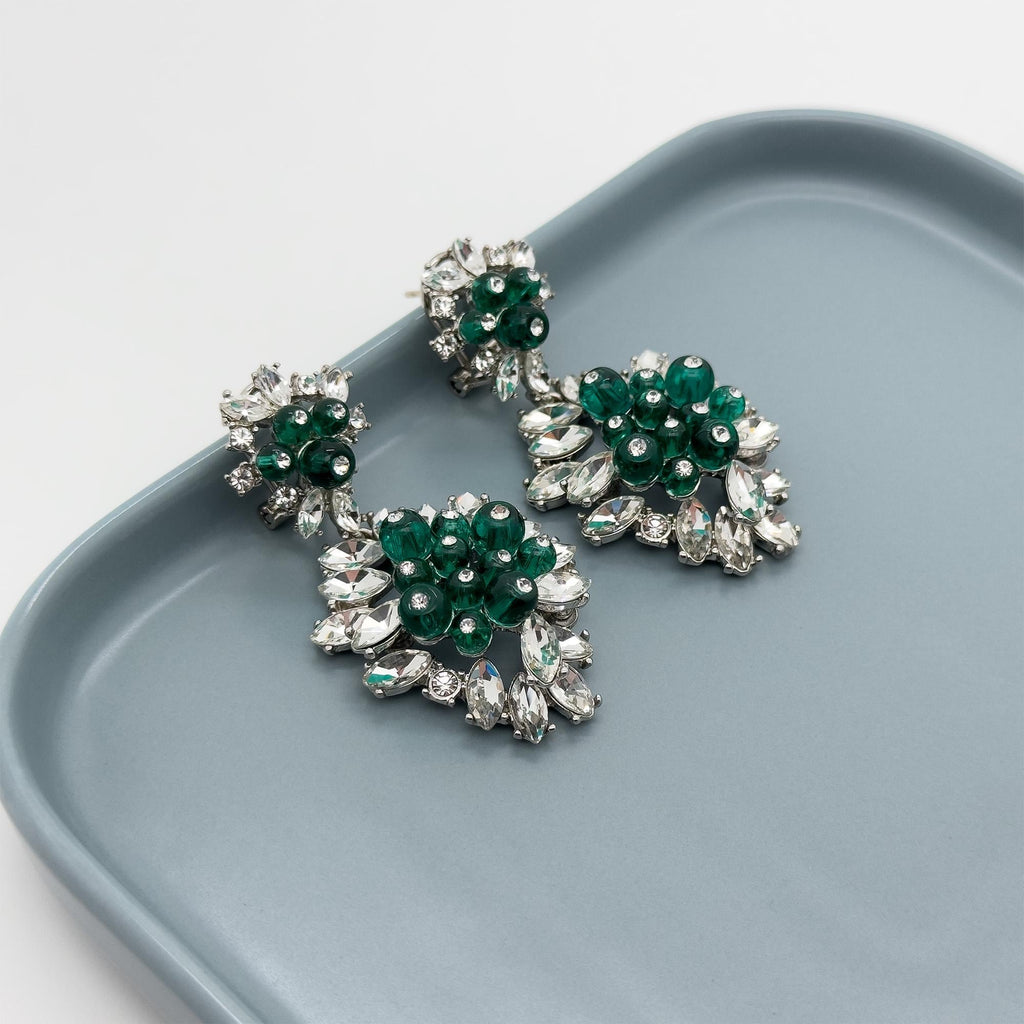 Vintage Art Deco Dangle Earrings Emerald Purple Glass Rhinestone