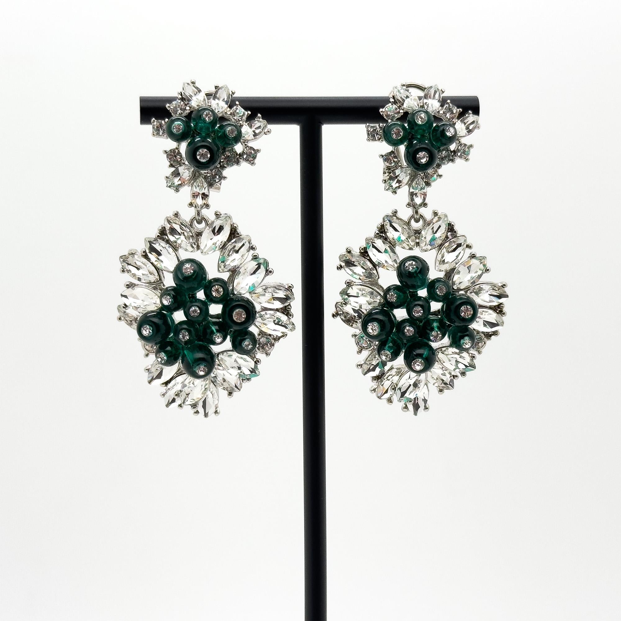 Vintage Art Deco Dangle Earrings Emerald Purple Glass Rhinestone