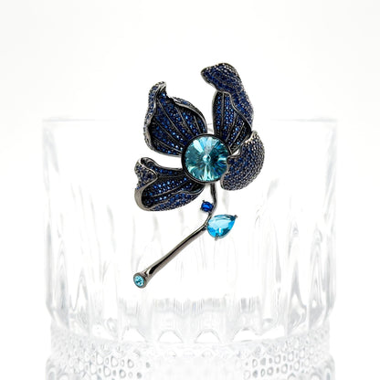 French Vintage Orchid Brooch Copper & Zircon Glass Floral Brooch