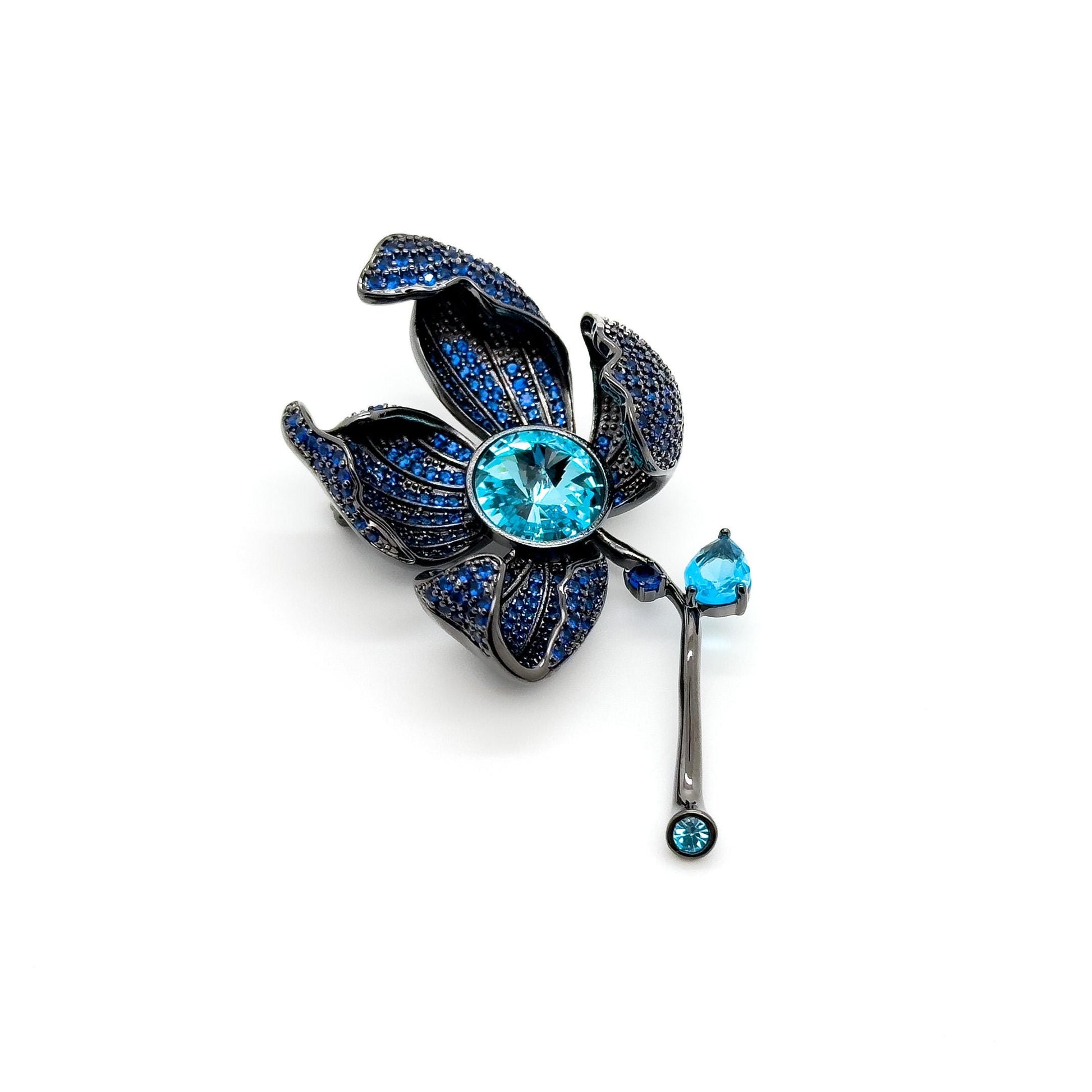 French Vintage Orchid Brooch Copper & Zircon Glass Floral Brooch