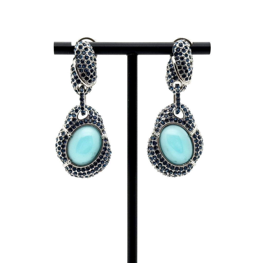 Vintage Art Deco Turquoise Dangle Earrings with Rhinestones, Copper