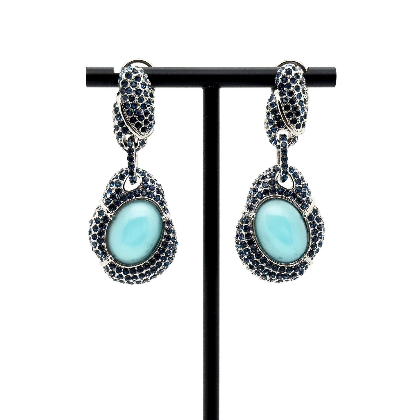 Vintage Art Deco Turquoise Dangle Earrings with Rhinestones, Copper