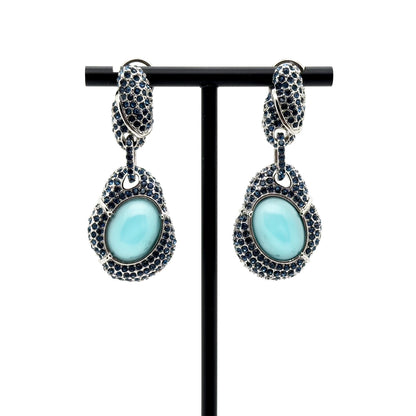 Vintage Art Deco Turquoise Dangle Earrings with Rhinestones, Copper